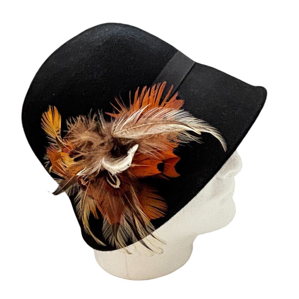 Badgley Mischka Black Wool Bucket Hat Feather Accent Ribbon Trim